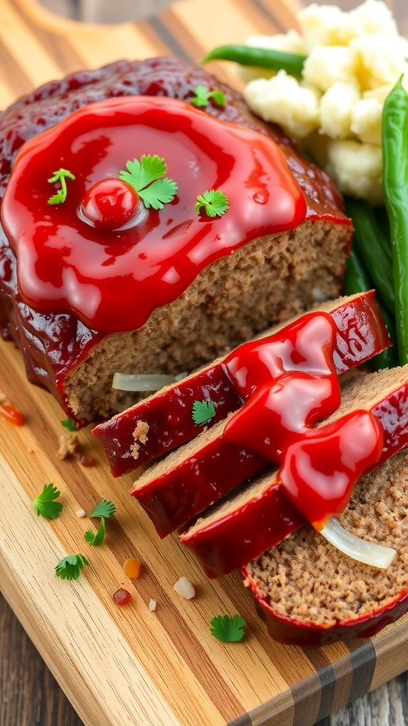 A savory meatloaf topped with ketchup, sliced and served with mashed potatoes and green beans on a wooden board.